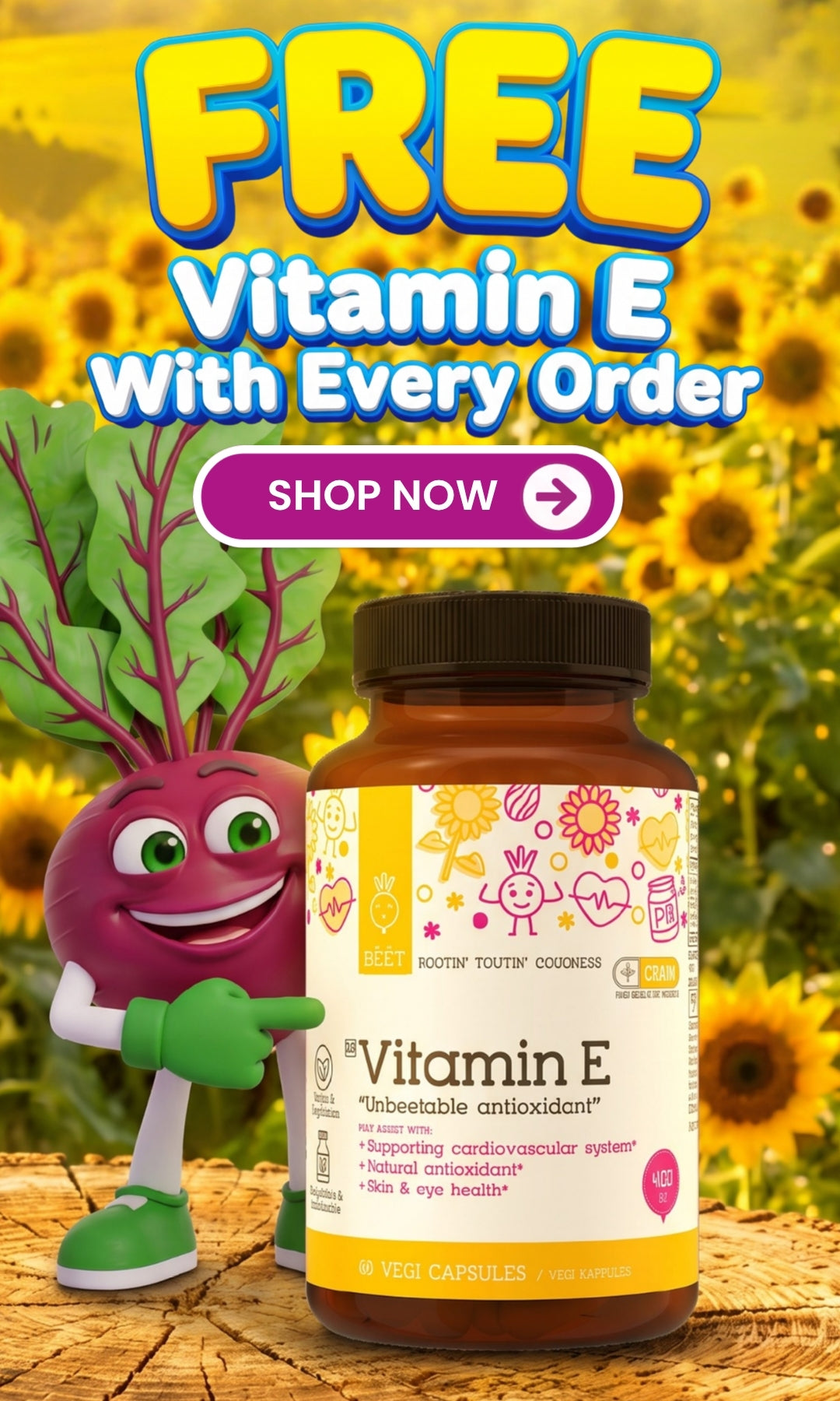FREE BEET Goodness Vitamin E 60 Vegi Capsules with every order